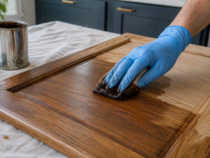 A cloth wipes fresh stain across a solid wood cabinet door during refinishing.