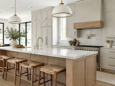 An open-plan kitchen has an island with pendant lights hanging above it.