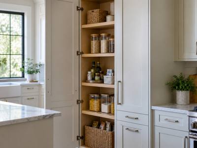 A pantry cabinet holds open shelves and baskets in a Niagara home.