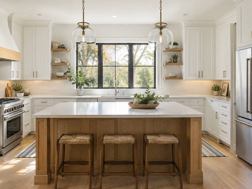White kitchen with a natural oak island, rattan stools and brass pendant lights.