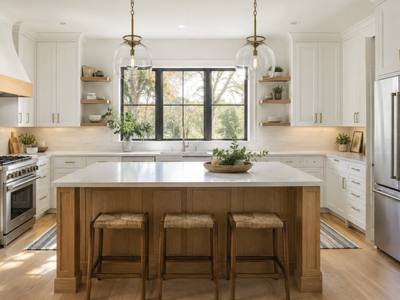 A cream remodelled kitchen has a large island at its centre.
