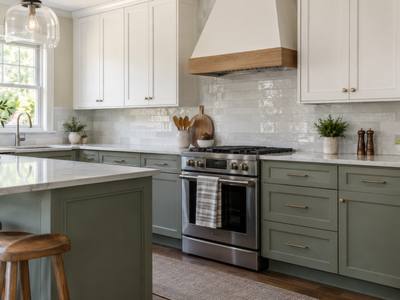 A two-tone kitchen pairs light upper cabinets with darker lower cabinets.