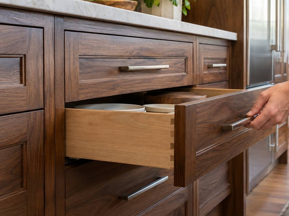 Stained walnut drawers with brushed steel pulls, one open to show dovetail joints.