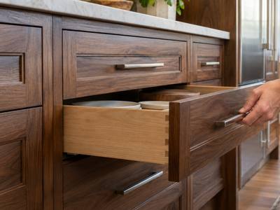 An open walnut drawer shows the refinished wood grain inside a St. Catharines kitchen.