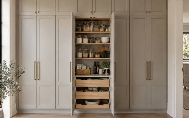 Light grey painted pantry cabinets open to reveal pull-out shelves.