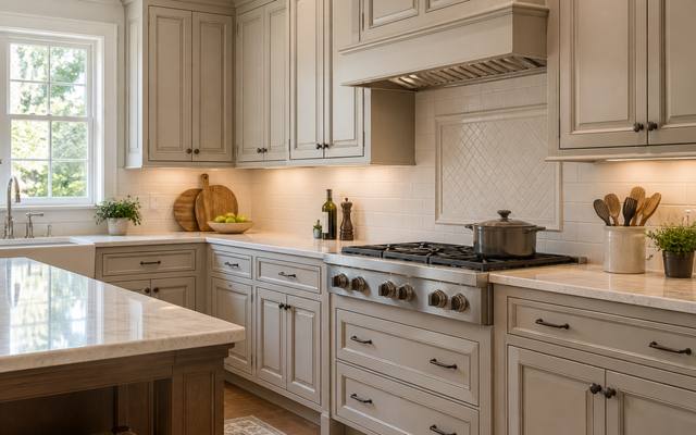 A close view shows warm greige painted cabinet doors with brass knobs.