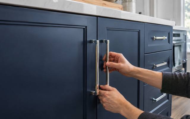 Chrome handles are fitted to navy blue cabinet doors.