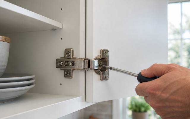 A soft-close hinge is mounted inside a cabinet door.