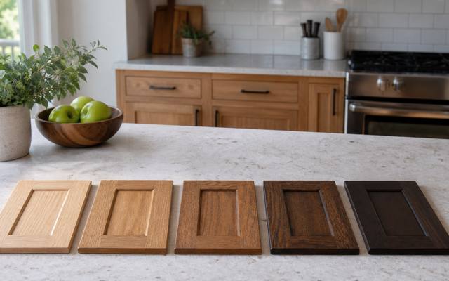 Stain sample boards in several tones are laid out on a kitchen counter.