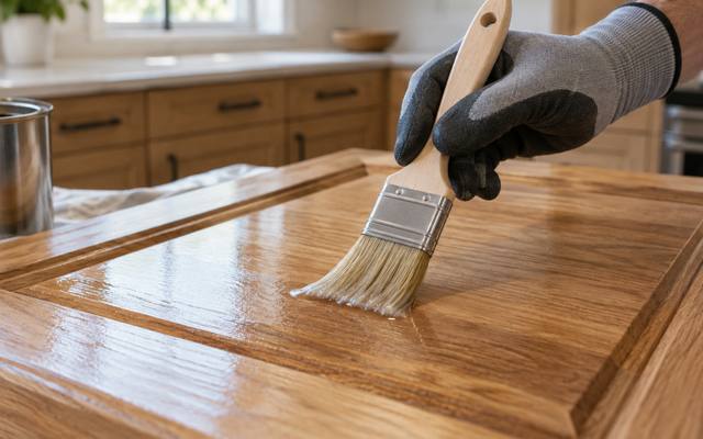 A brush applies clear coat to a stained wood door on a work bench.
