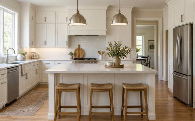 A bright white shaker kitchen with an island and a range has been painted white.