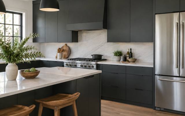 A charcoal grey slab-front kitchen with wood accents shows a smooth sprayed finish.