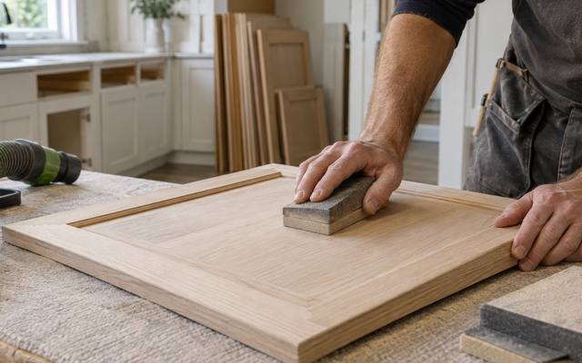 A hand sands a cabinet door with a sanding block before the primer goes on.