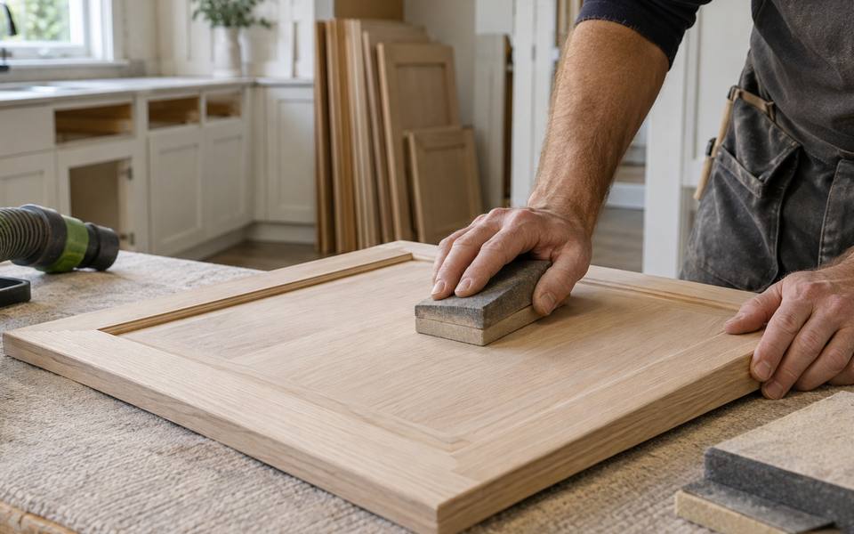 A hand sands a cabinet door with a sanding block before the primer goes on.