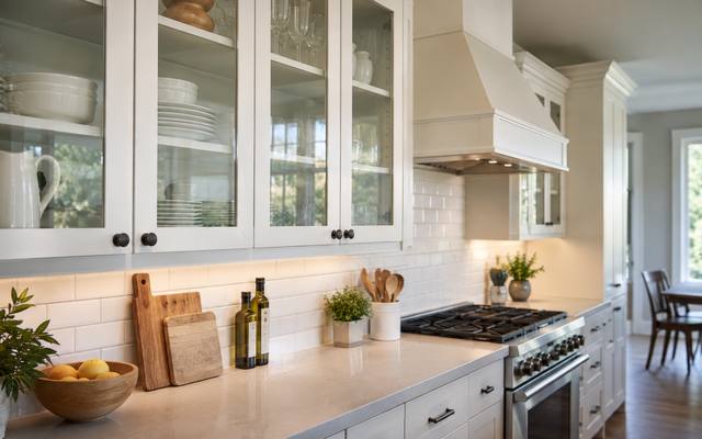 Glass-front upper cabinets glow with lighting inside them.