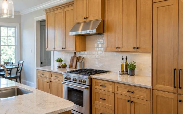 A honey maple kitchen waits for its first coat of paint.