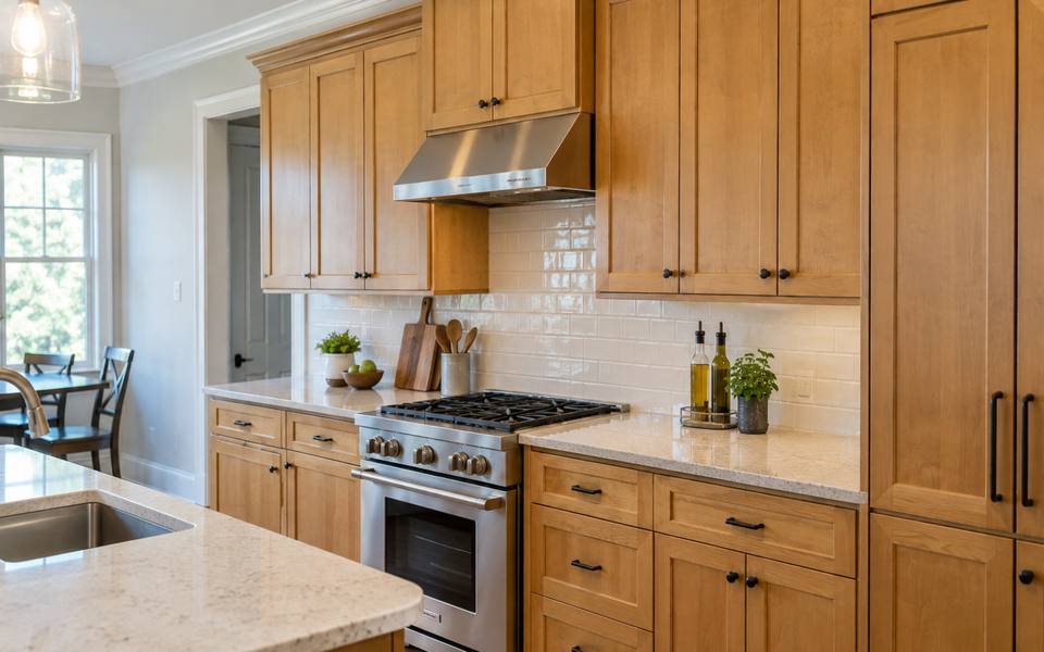 A honey maple kitchen waits for its first coat of paint.