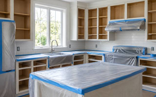 A kitchen is masked off with plastic sheeting and tape with all the doors removed.