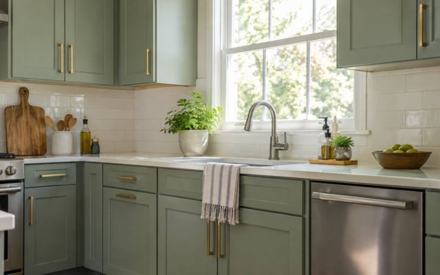 Sage green lower cabinets sit under white upper cabinets with brass pulls.