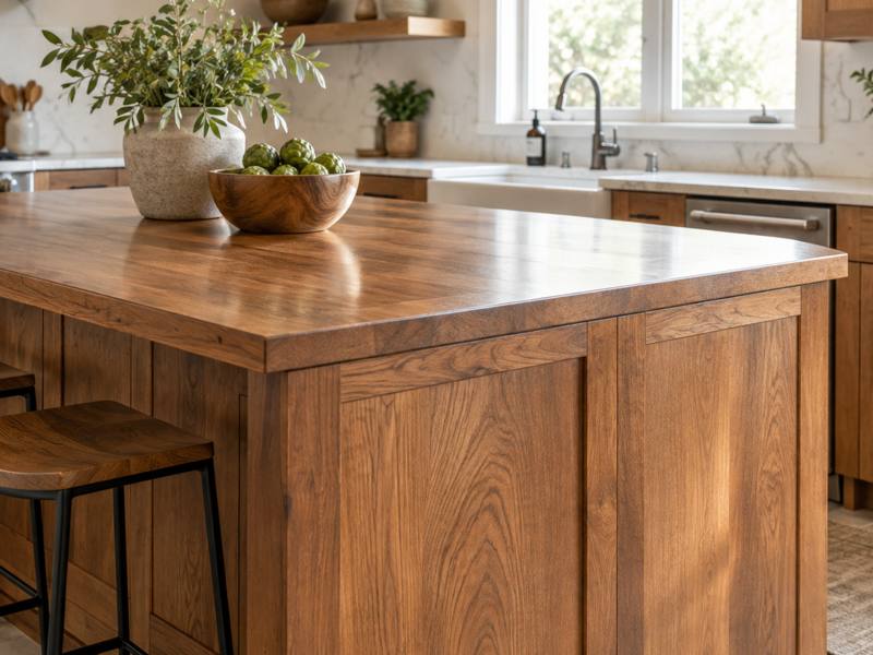 A restored wood island with stools sits in a white kitchen painted by St. Catharines Cabinet Painting.